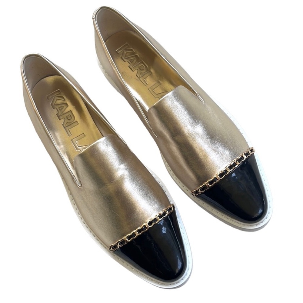 NWOT Karl Lagerfeld Paris Leather Caralee Embellished Flats Gold / Black Size 8